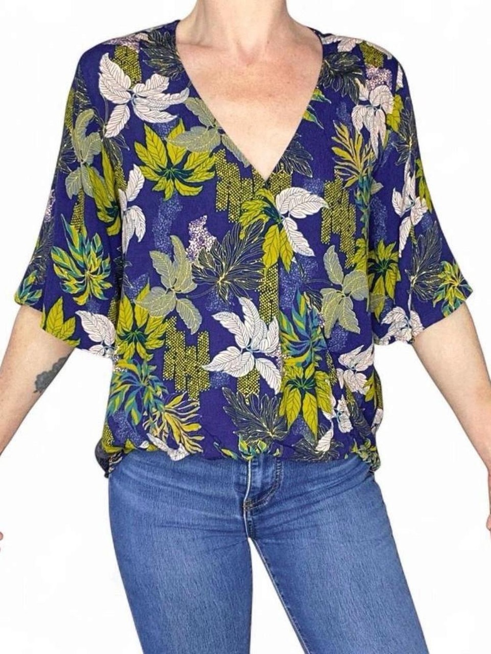 Lost + Wander Blue Green Leaf Nature Tropical Printed Blouse